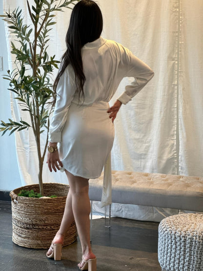 Wrap Satin Long Sleeve Button Down Mini Dress      