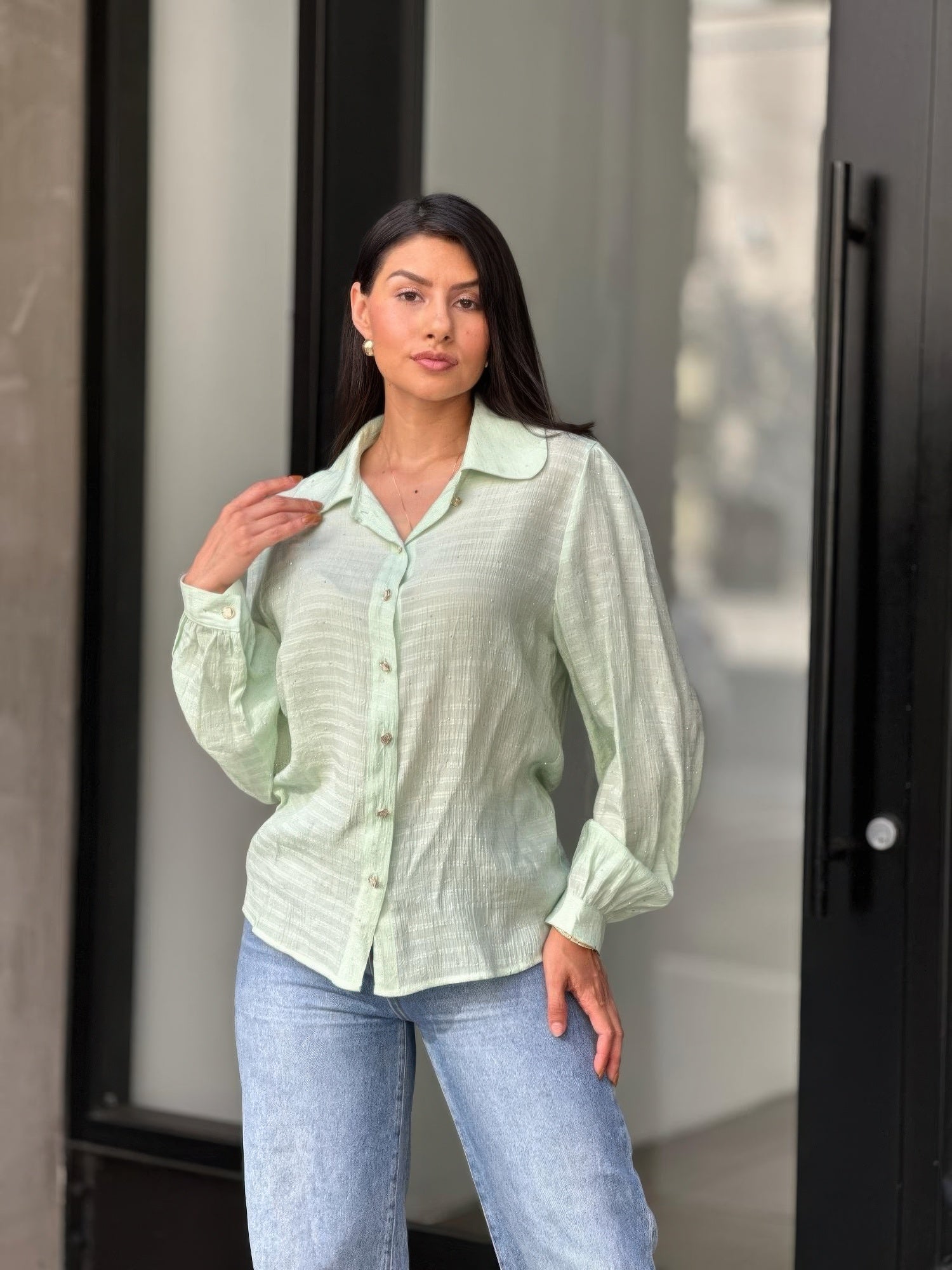 Collar Button Down Rhine Stone Detail Blouse      