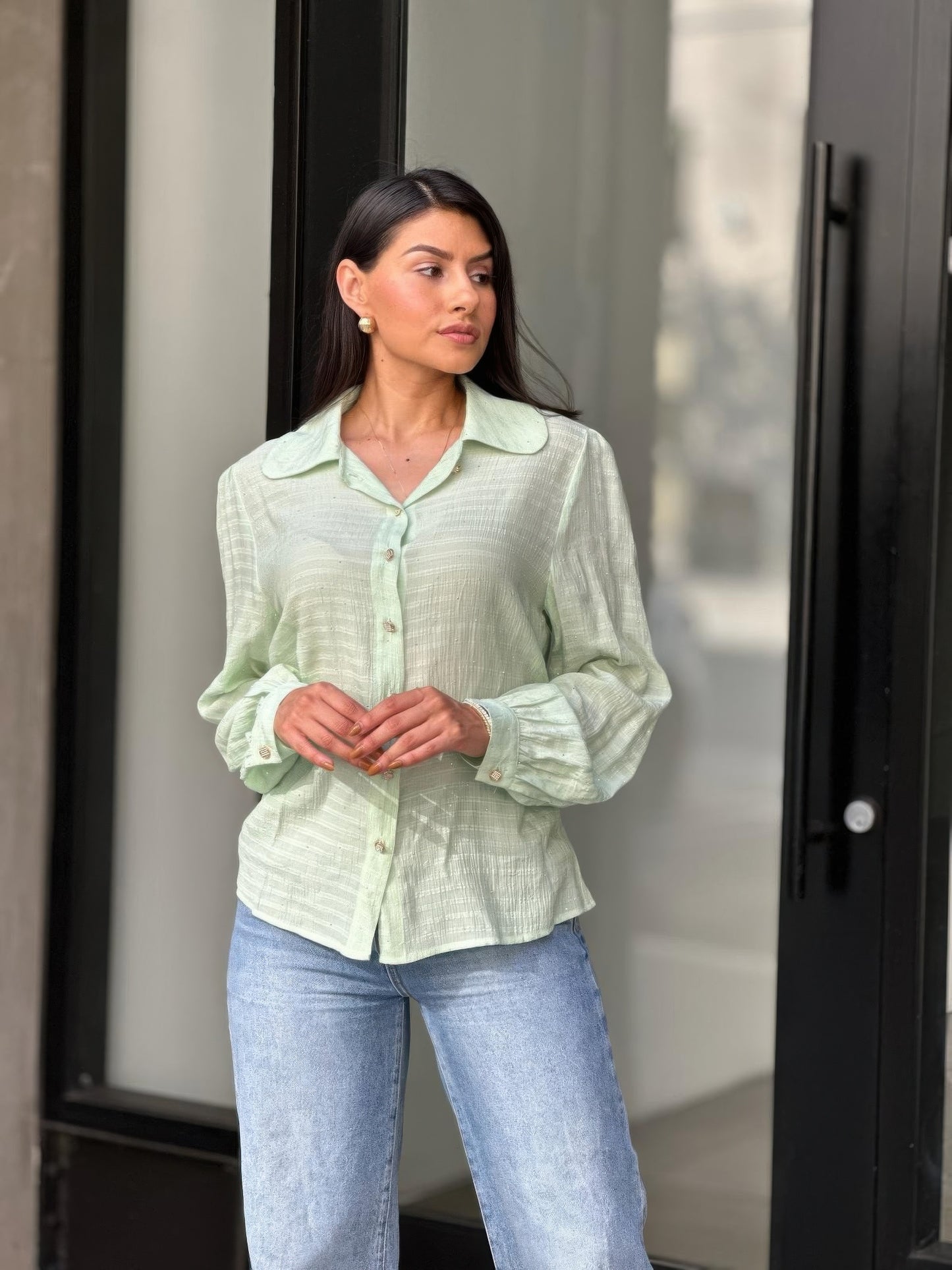 Collar Button Down Rhine Stone Detail Blouse      