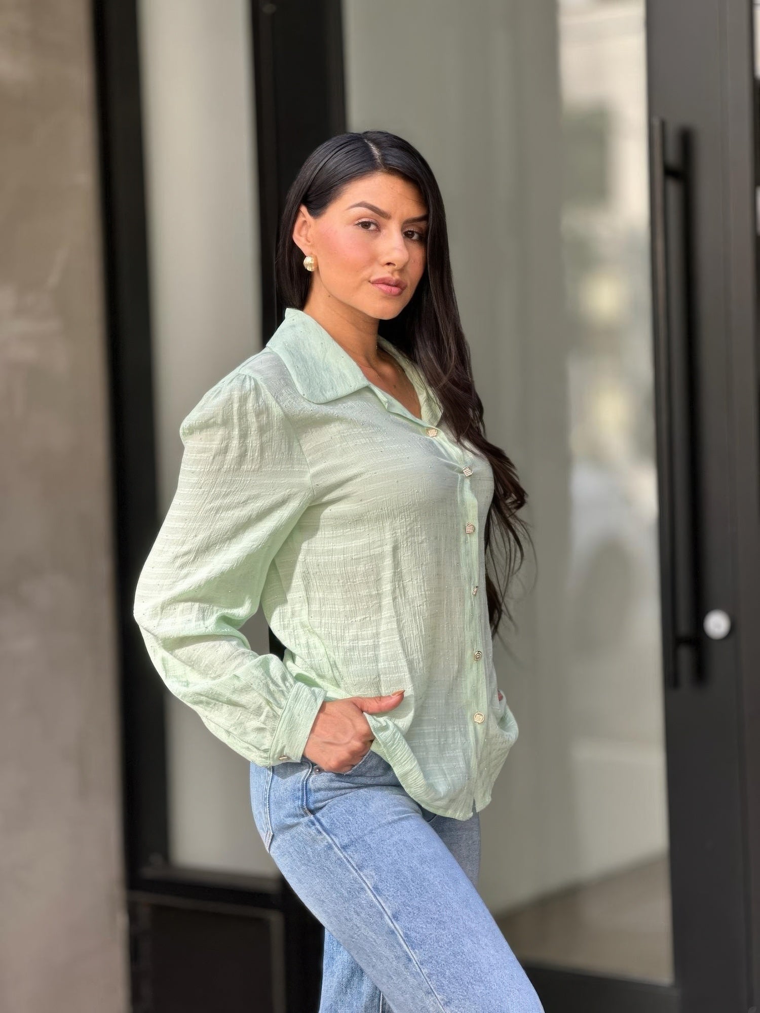 Collar Button Down Rhine Stone Detail Blouse      