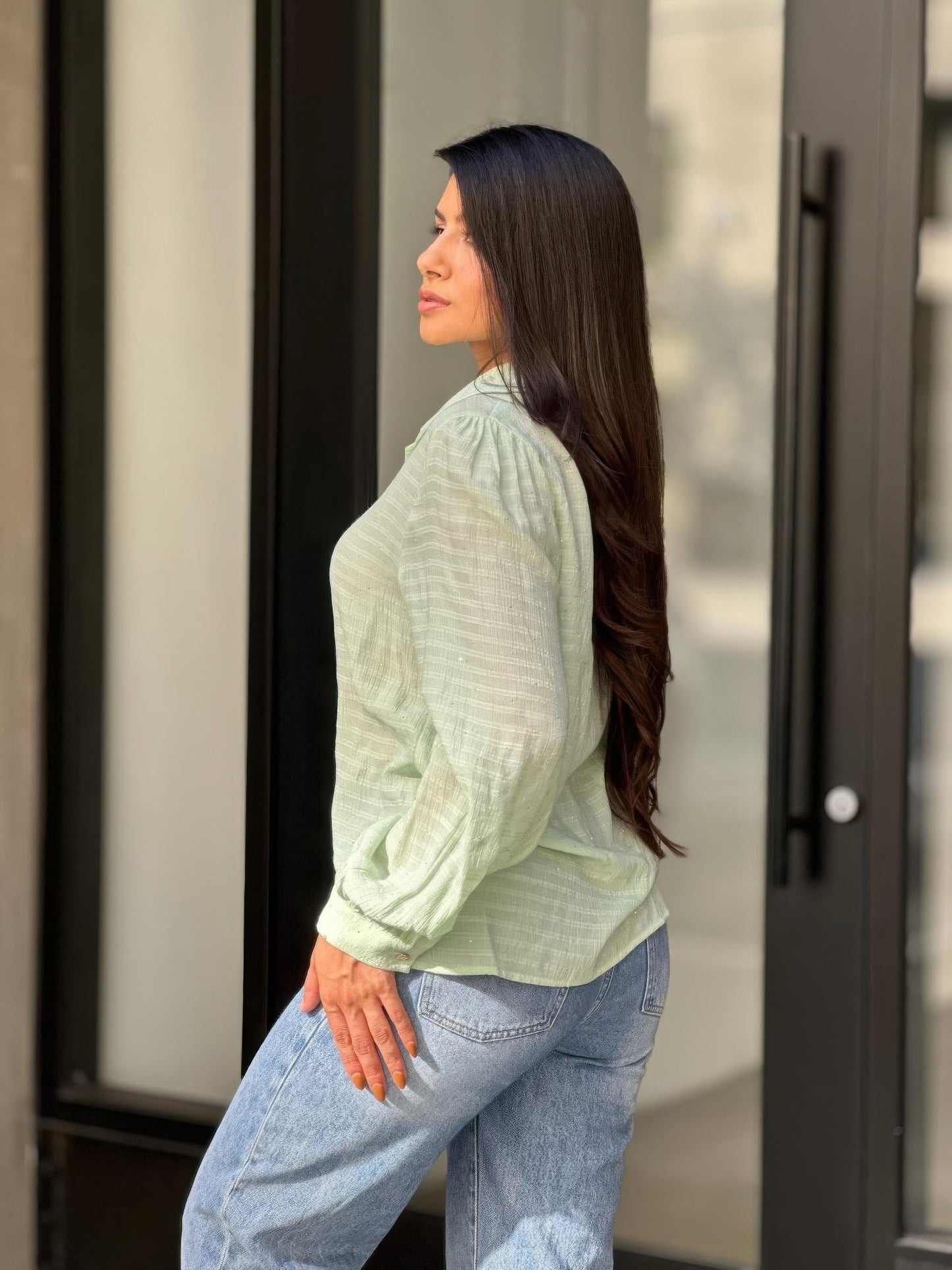 Collar Button Down Rhine Stone Detail Blouse      