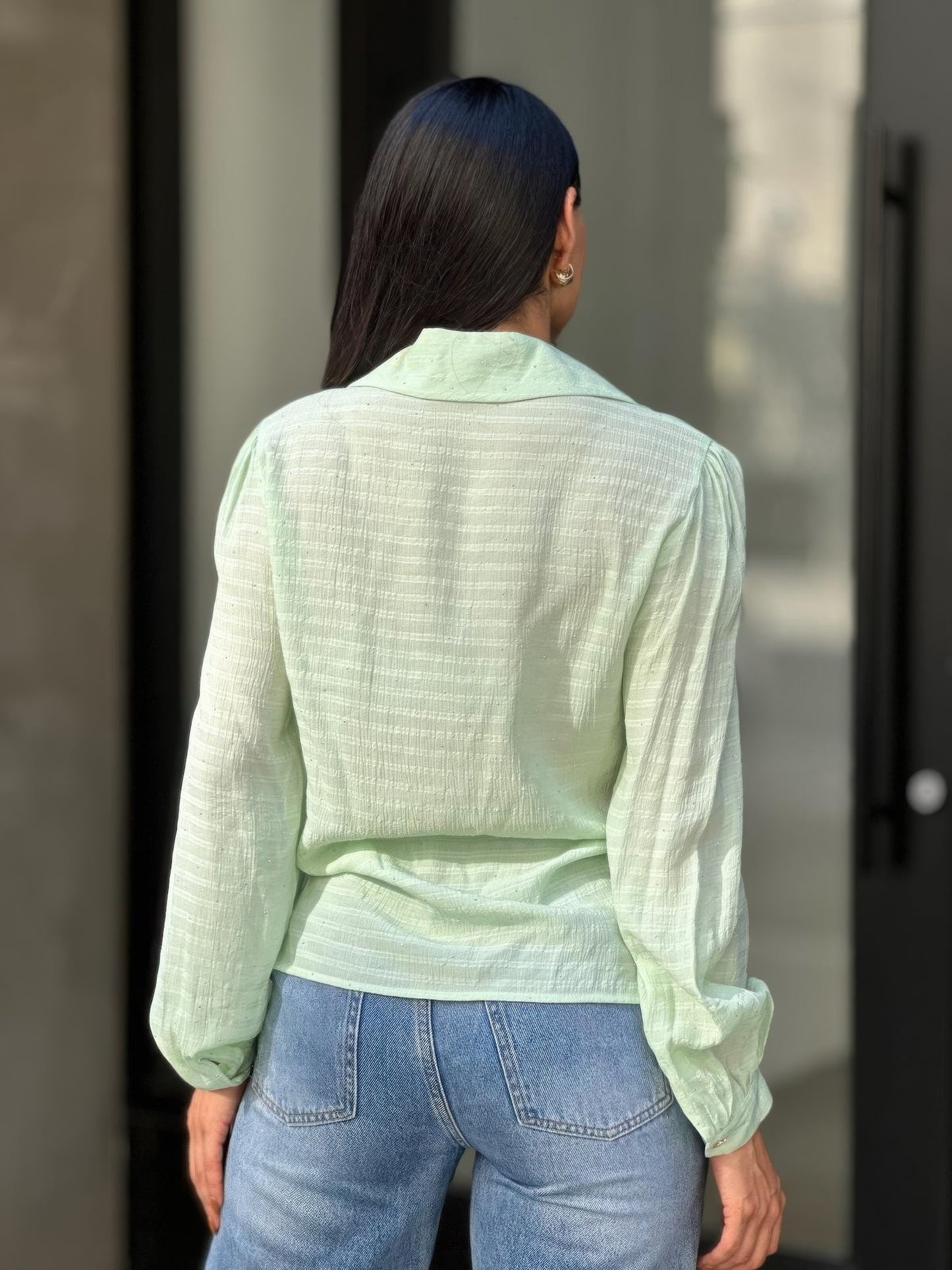 Collar Button Down Rhine Stone Detail Blouse      