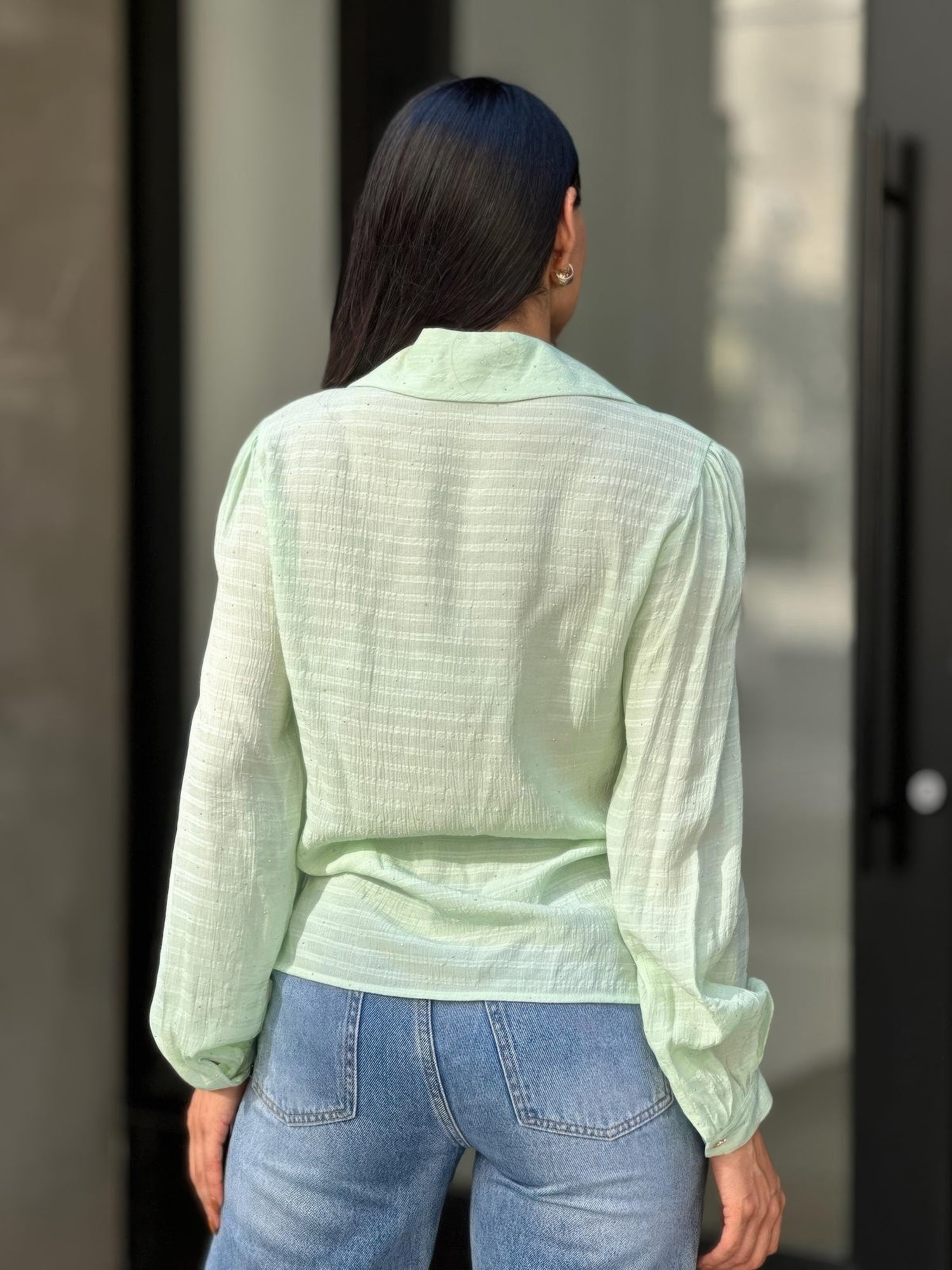 Collar Button Down Rhine Stone Detail Blouse      