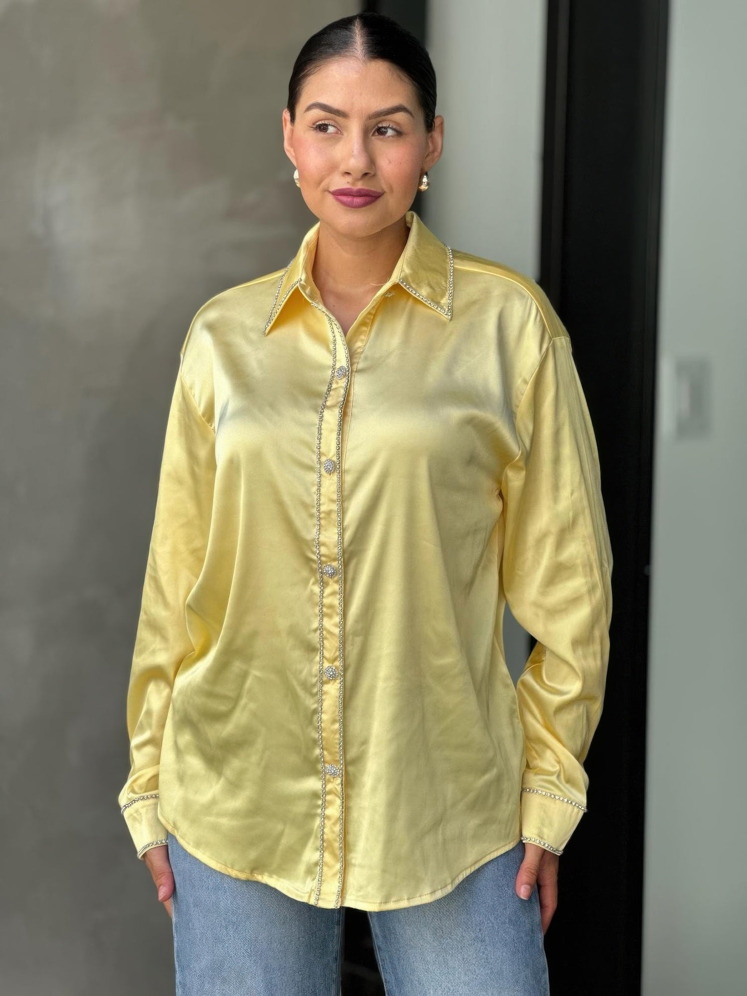 Rhinestone Diamond Lined Button Down Satin Blouse      