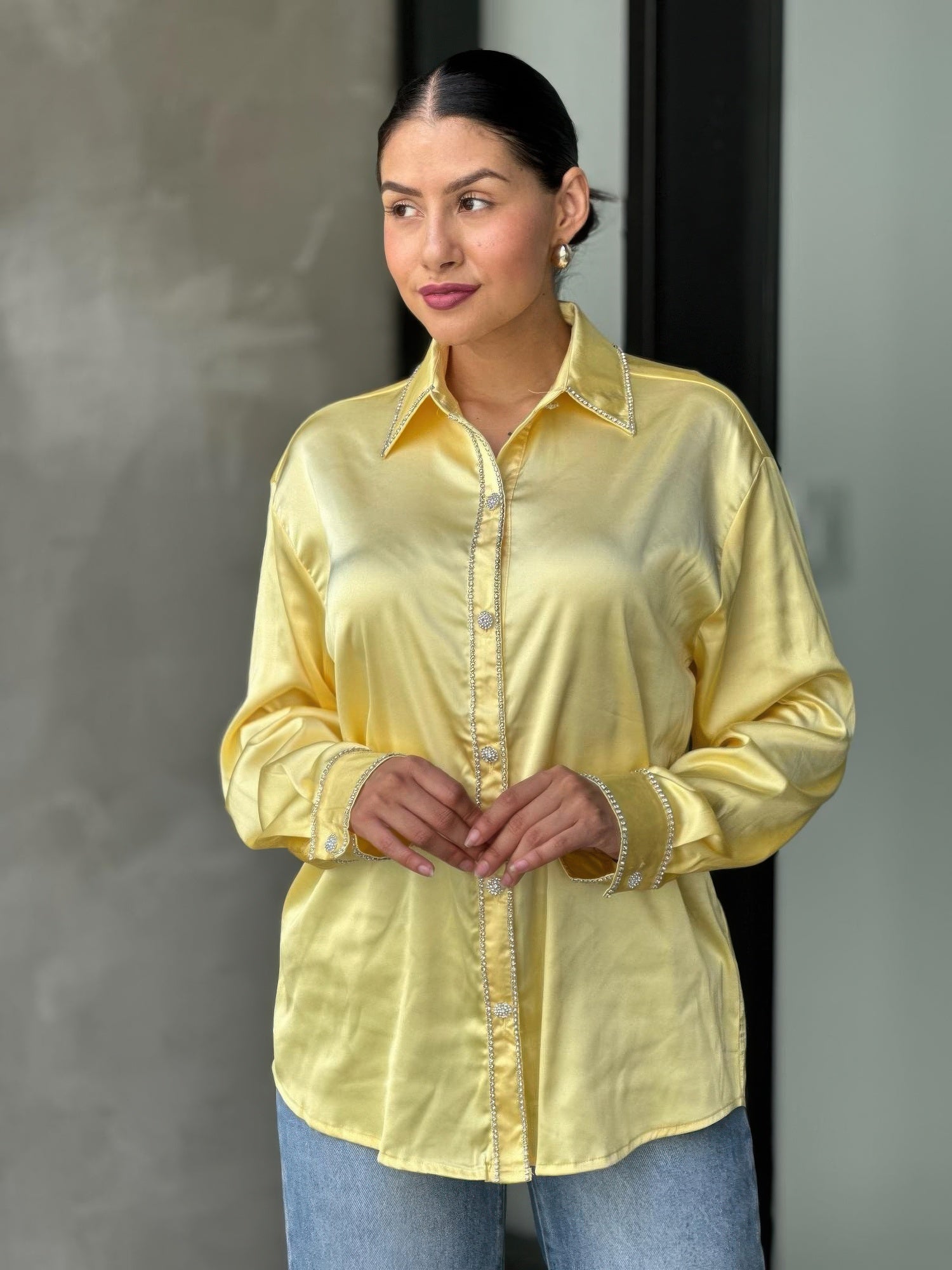 Rhinestone Diamond Lined Button Down Satin Blouse      