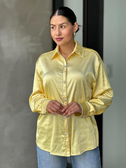 Rhinestone Diamond Lined Button Down Satin Blouse      