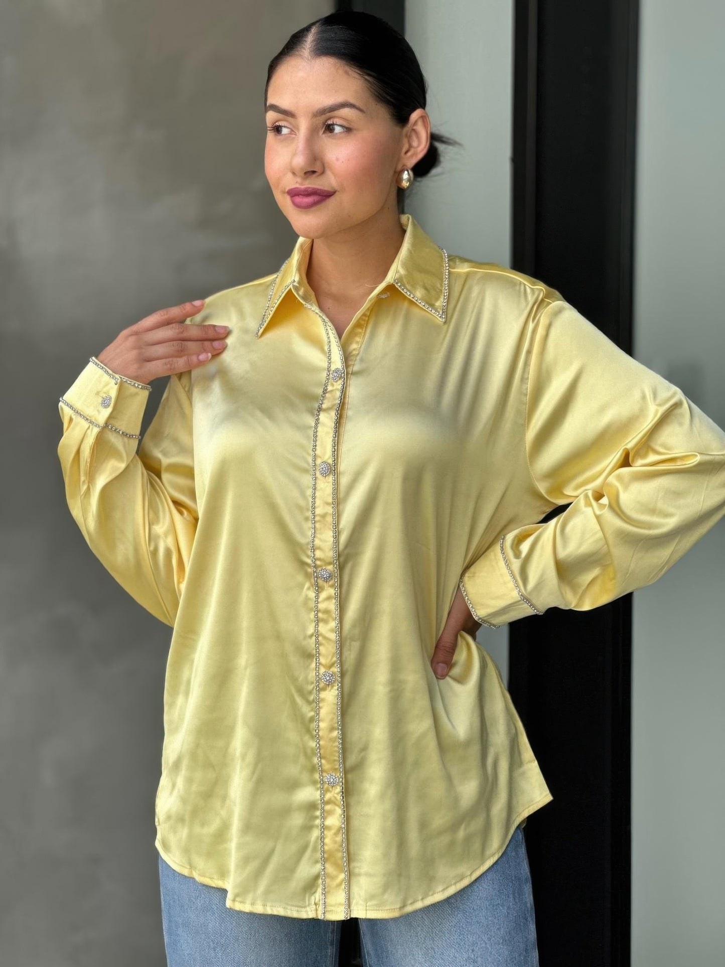 Rhinestone Diamond Lined Button Down Satin Blouse      
