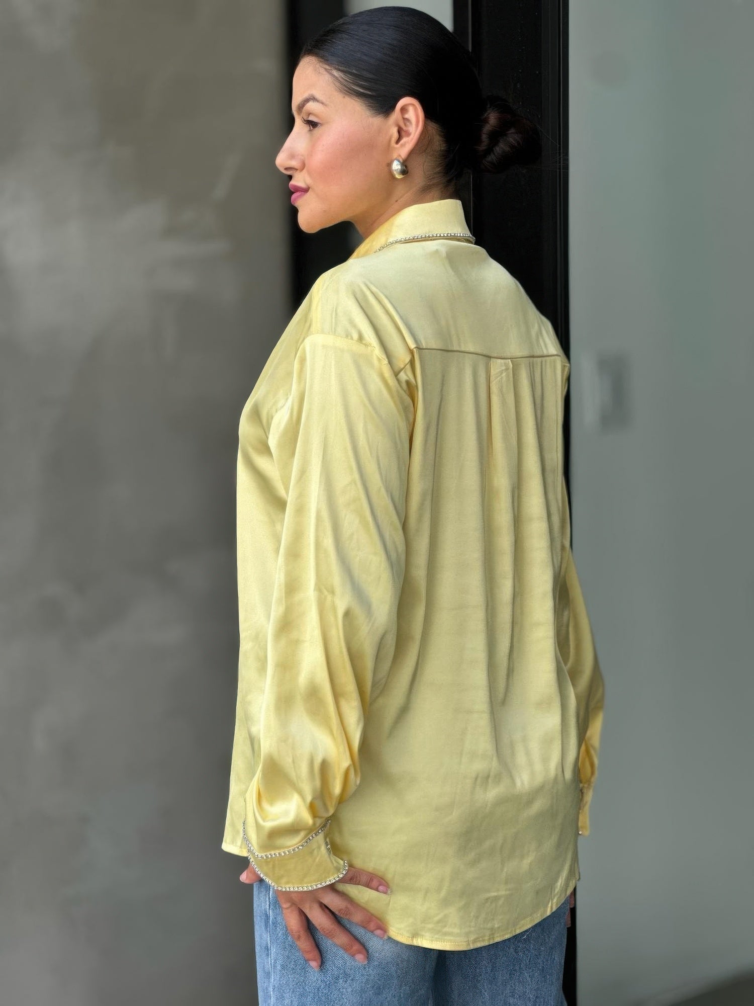 Rhinestone Diamond Lined Button Down Satin Blouse      