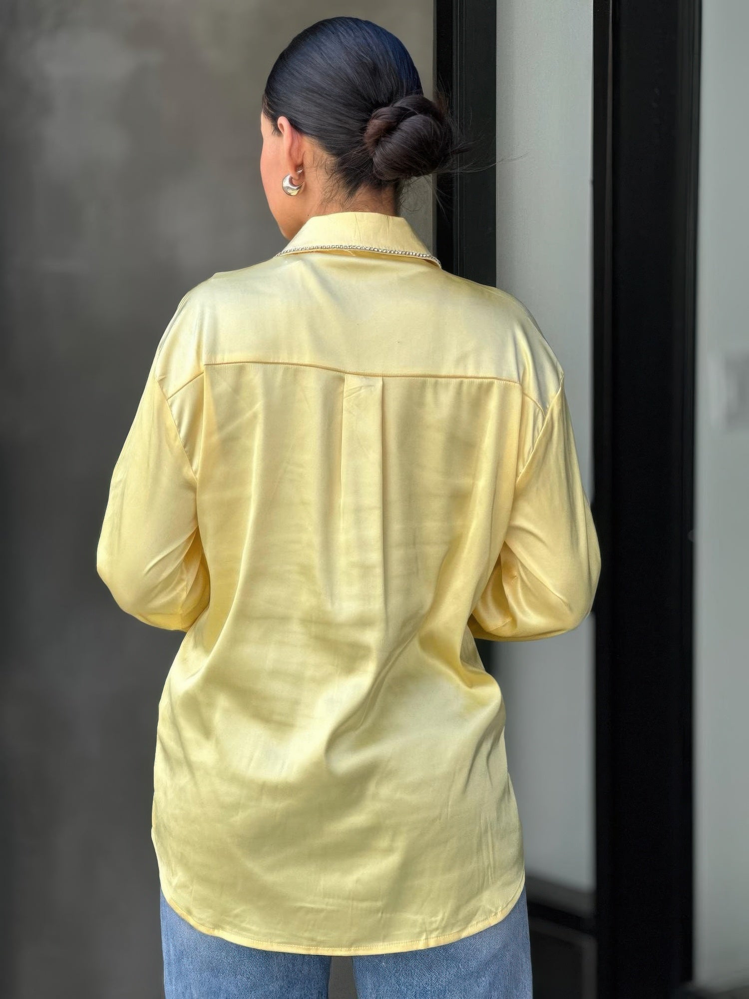 Rhinestone Diamond Lined Button Down Satin Blouse      