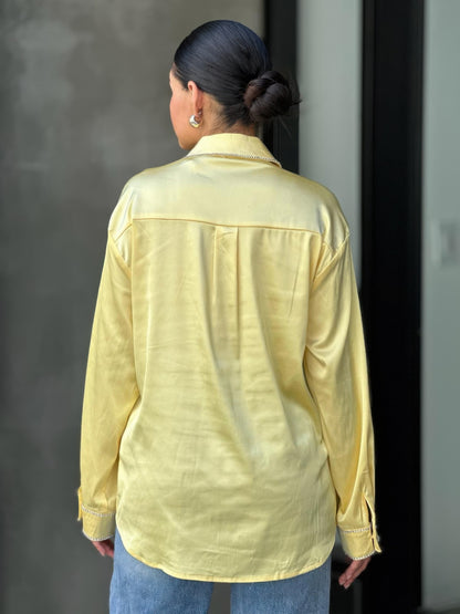 Rhinestone Diamond Lined Button Down Satin Blouse      