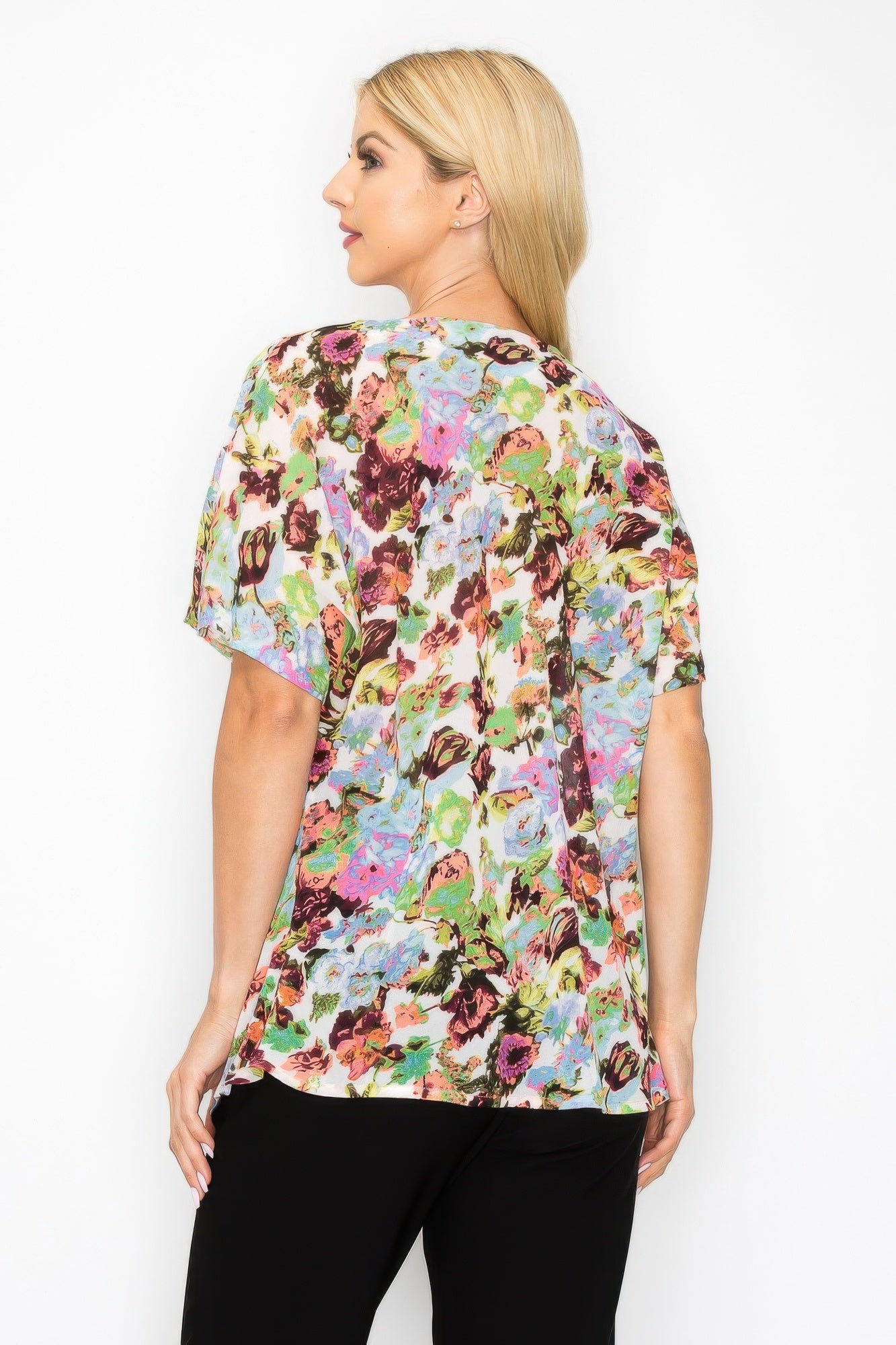 Sheer Neon Floral Cowl Neck Whimsgoth Relaxed Top       