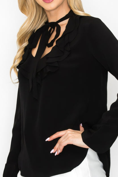 Ruffle Detail Front Tie V-neck Long Sleeve Blouse        