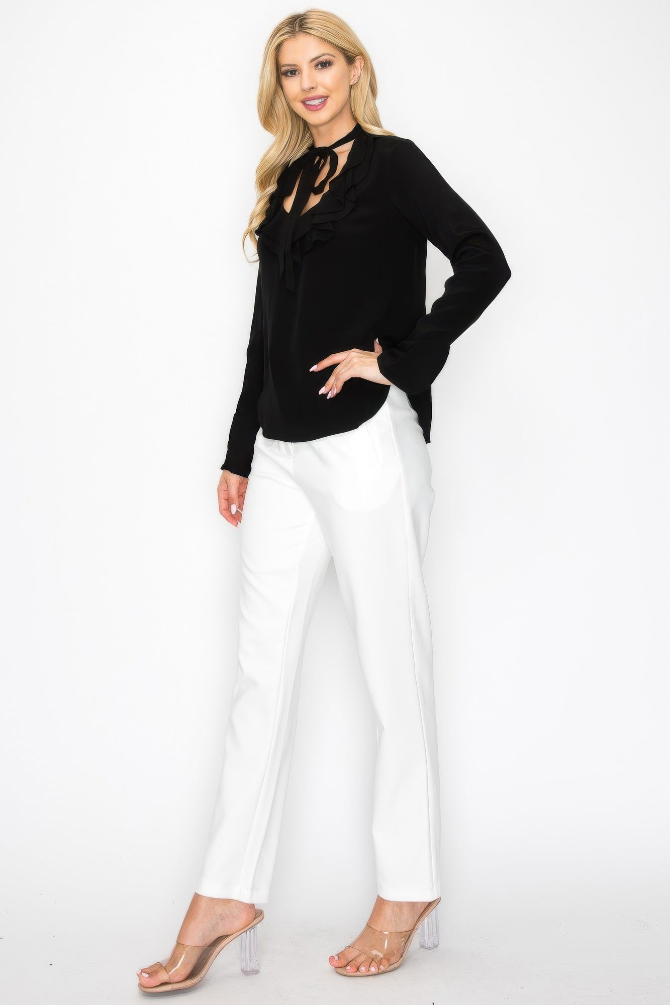 Ruffle Detail Front Tie V-neck Long Sleeve Blouse        