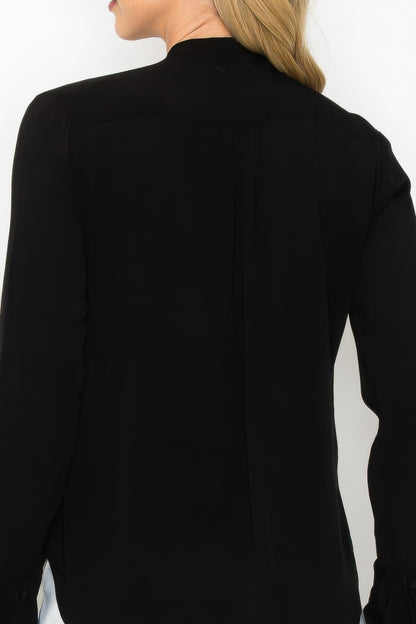 Ruffle Detail Front Tie V-neck Long Sleeve Blouse        