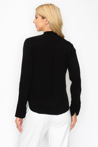 Ruffle Detail Front Tie V-neck Long Sleeve Blouse        