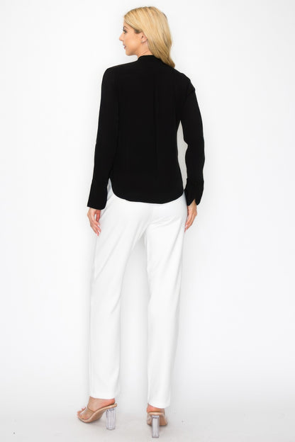 Ruffle Detail Front Tie V-neck Long Sleeve Blouse        