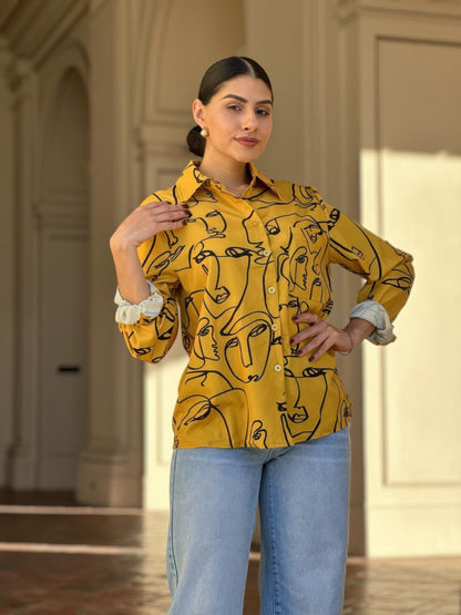 Face Print Long Sleeve Button Down Blouse    
