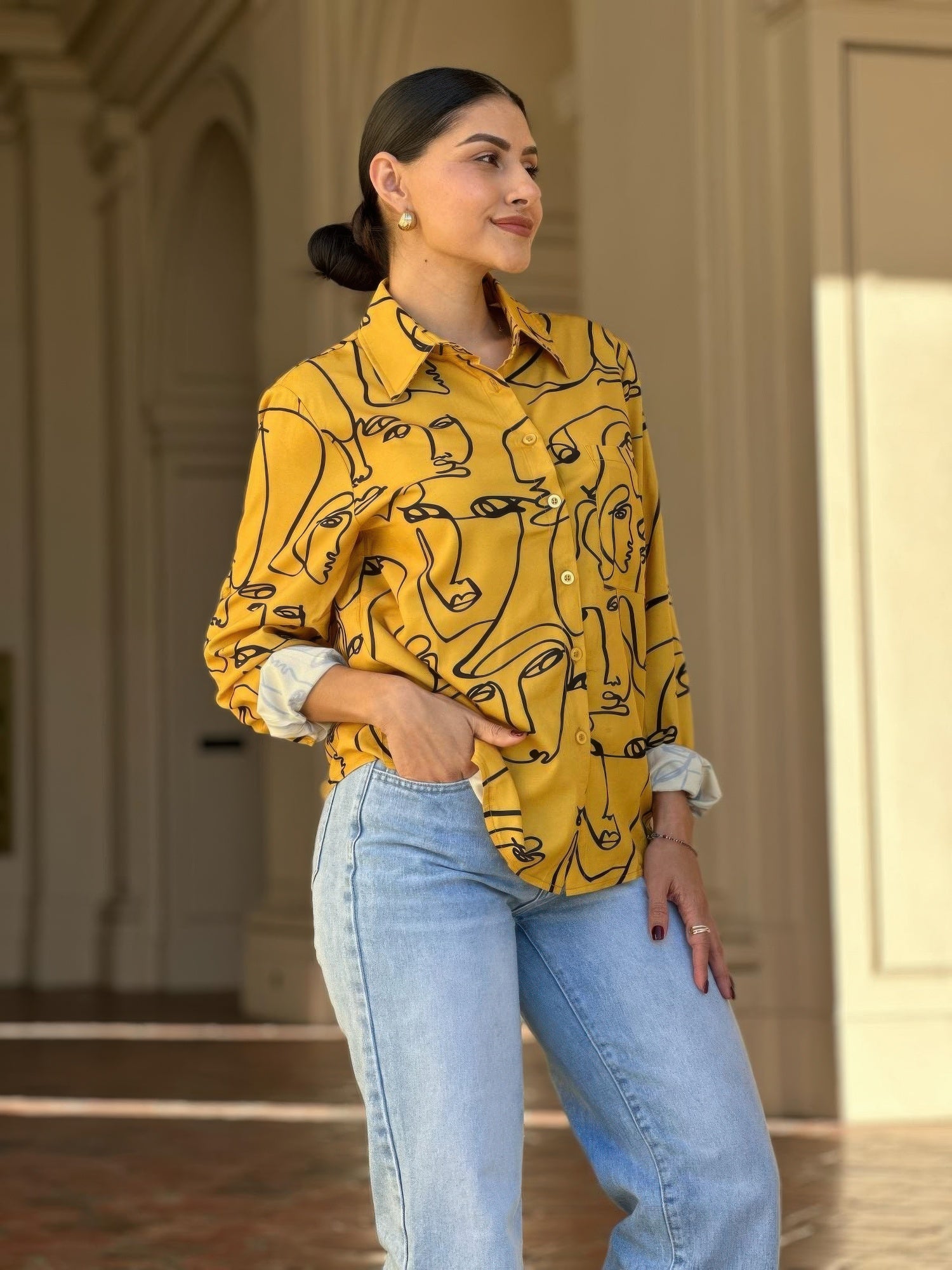 Face Print Long Sleeve Button Down Blouse    