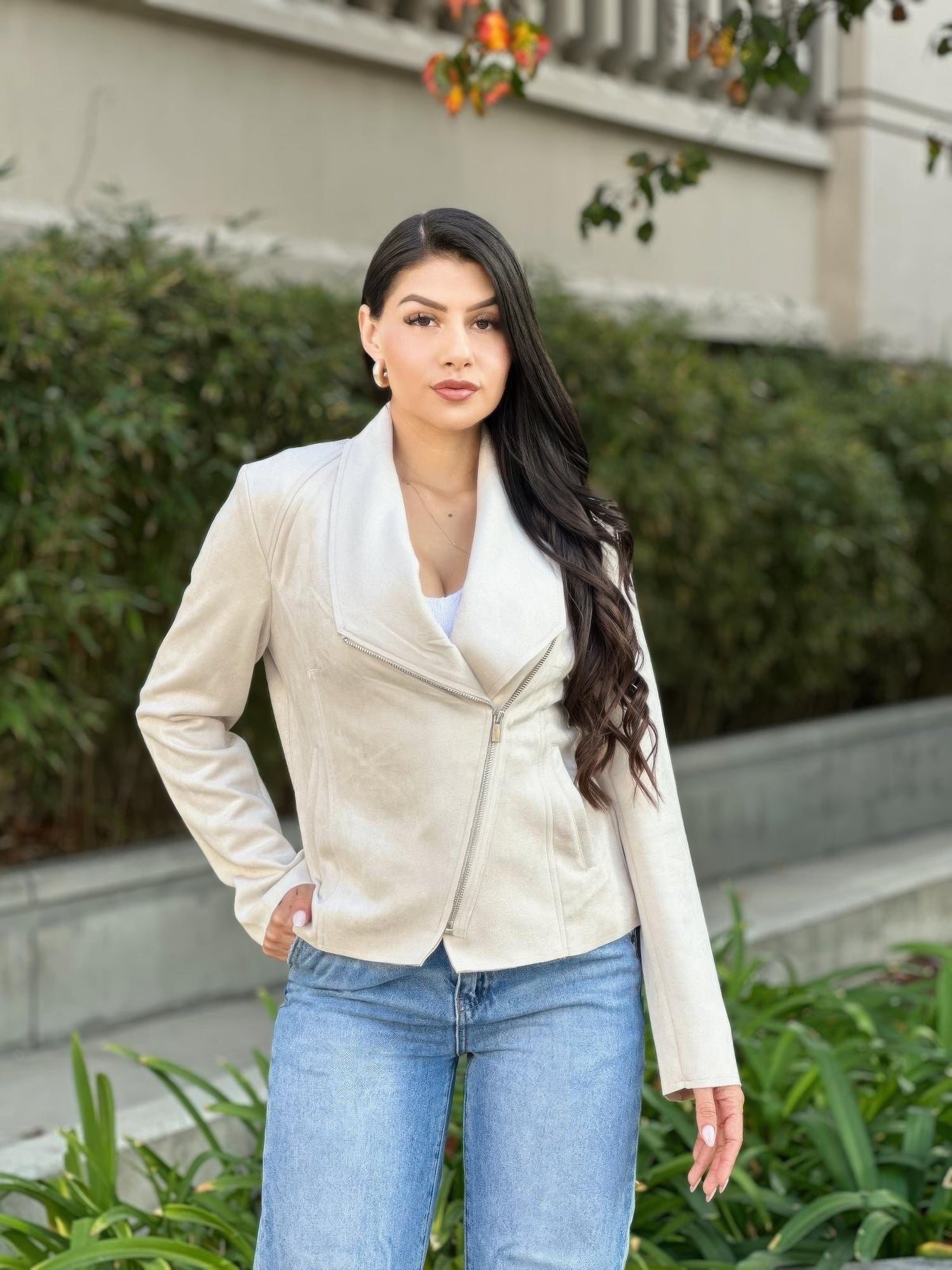 Suede Women's Biker Zip Up Jacket With Pockets     
