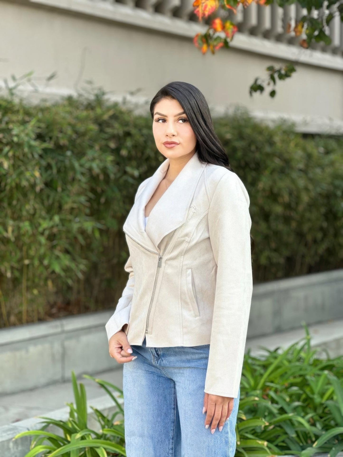 Suede Women's Biker Zip Up Jacket With Pockets     