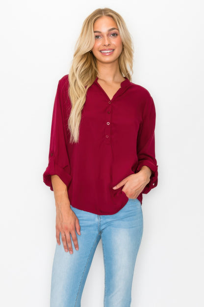 Button Detail Collar Woven Roll Up Sleeve Blouse      