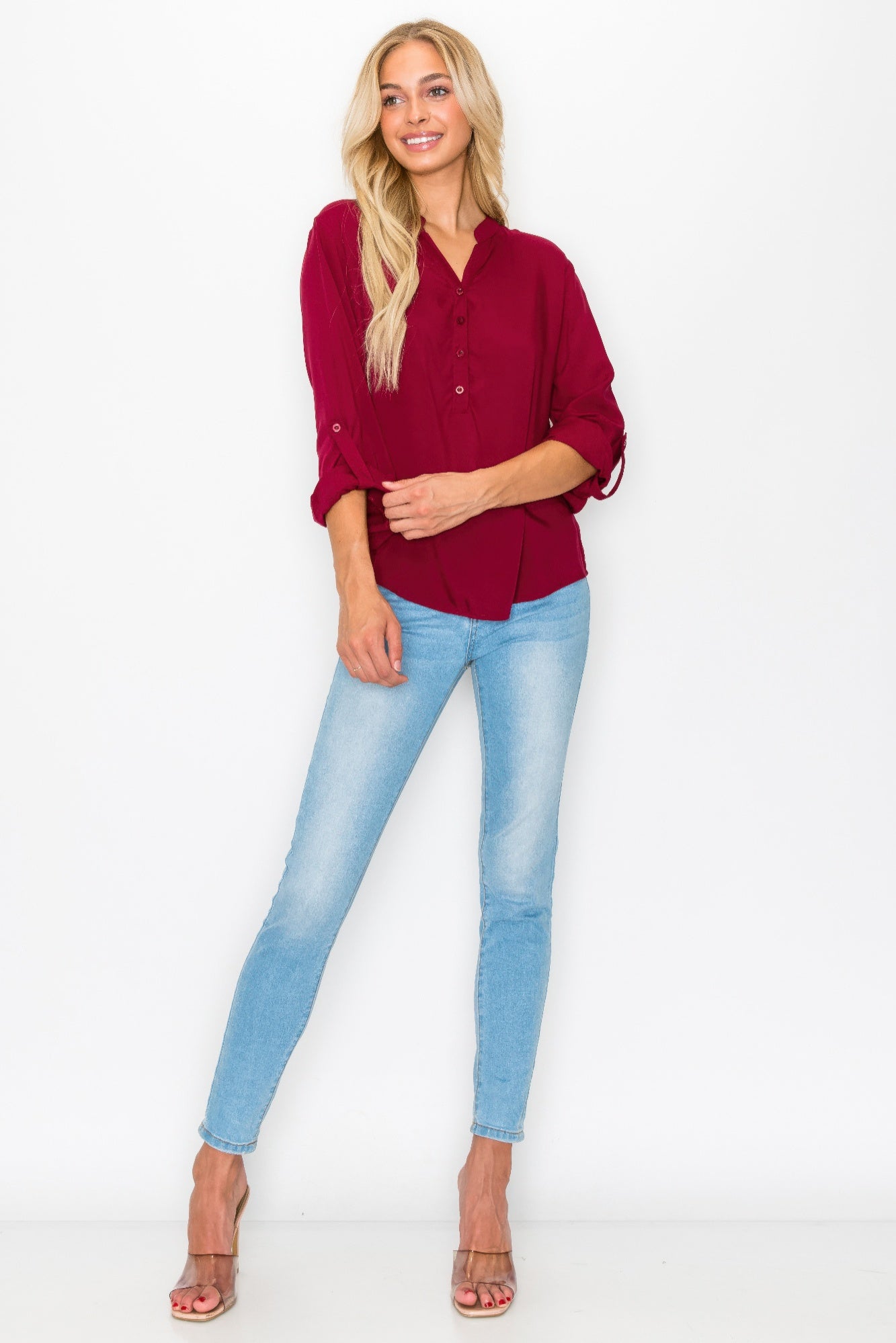 Button Detail Collar Woven Roll Up Sleeve Blouse      