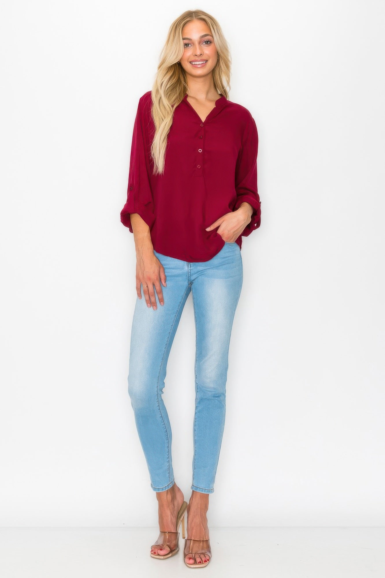 Button Detail Collar Woven Roll Up Sleeve Blouse      