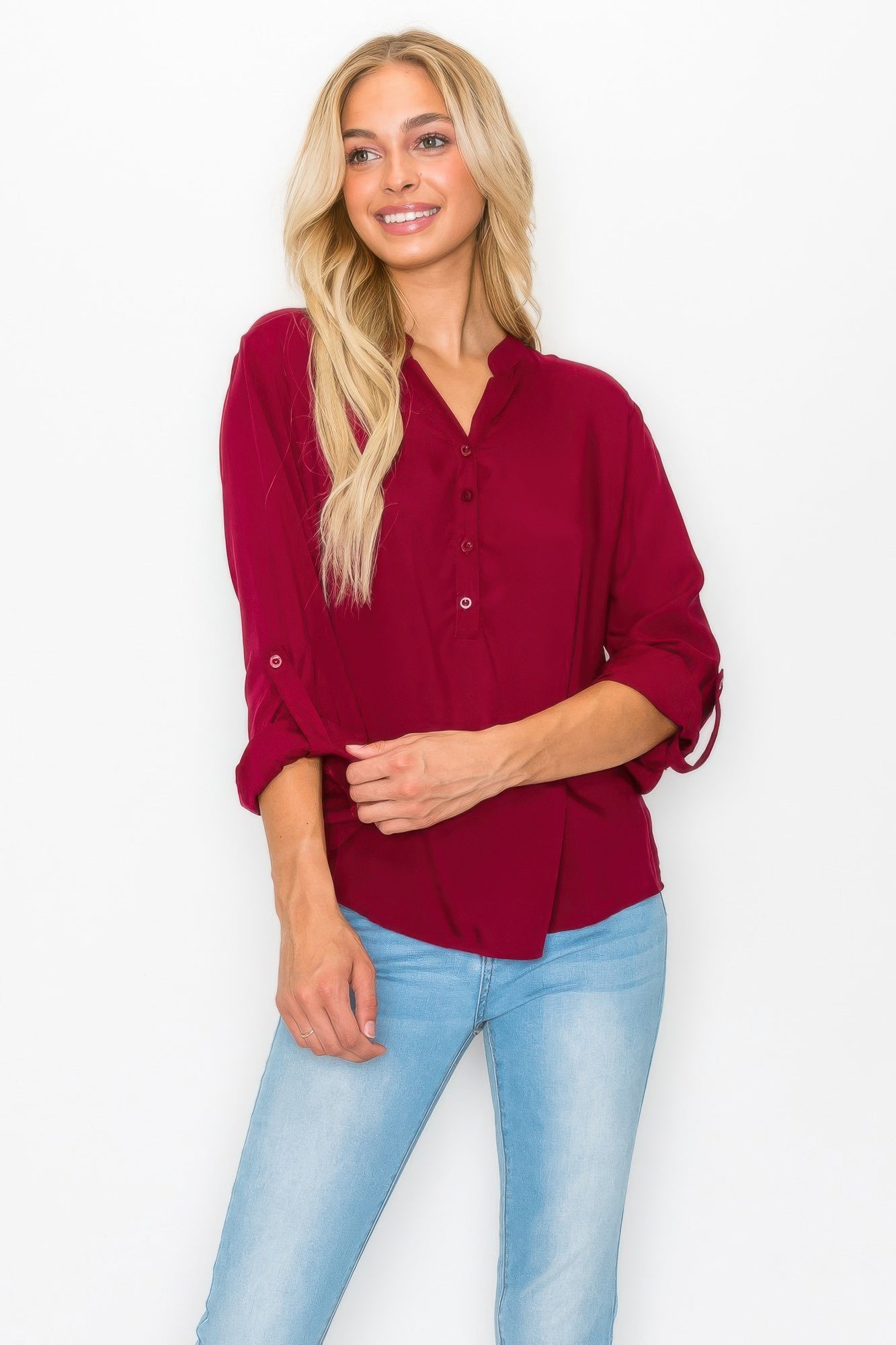 Button Detail Collar Woven Roll Up Sleeve Blouse      