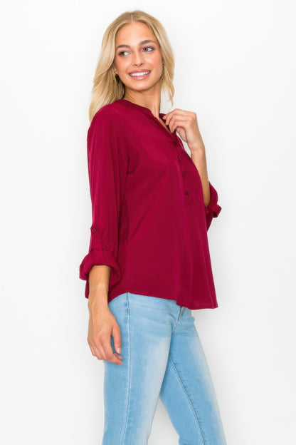 Button Detail Collar Woven Roll Up Sleeve Blouse      