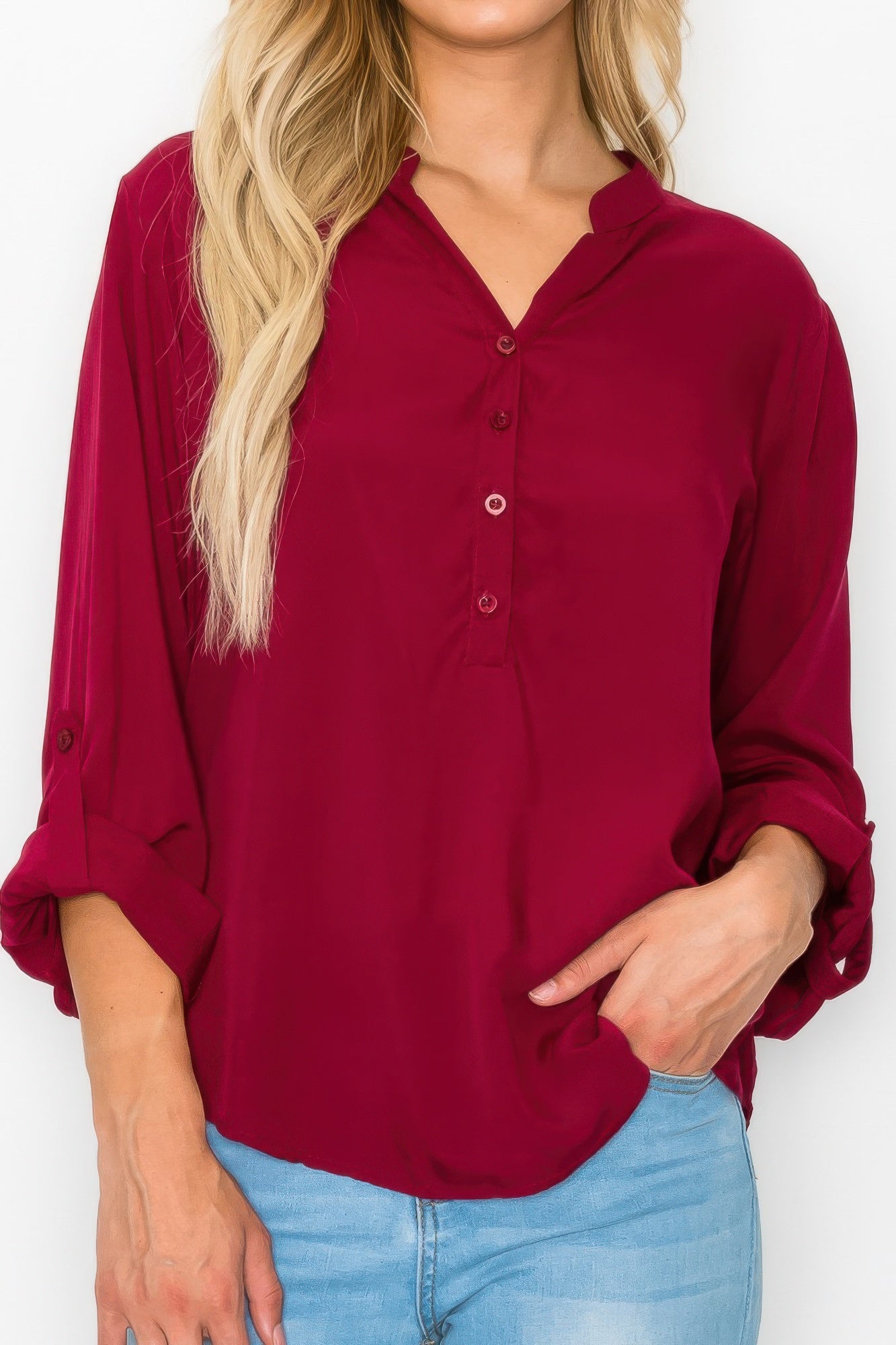 Button Detail Collar Woven Roll Up Sleeve Blouse      
