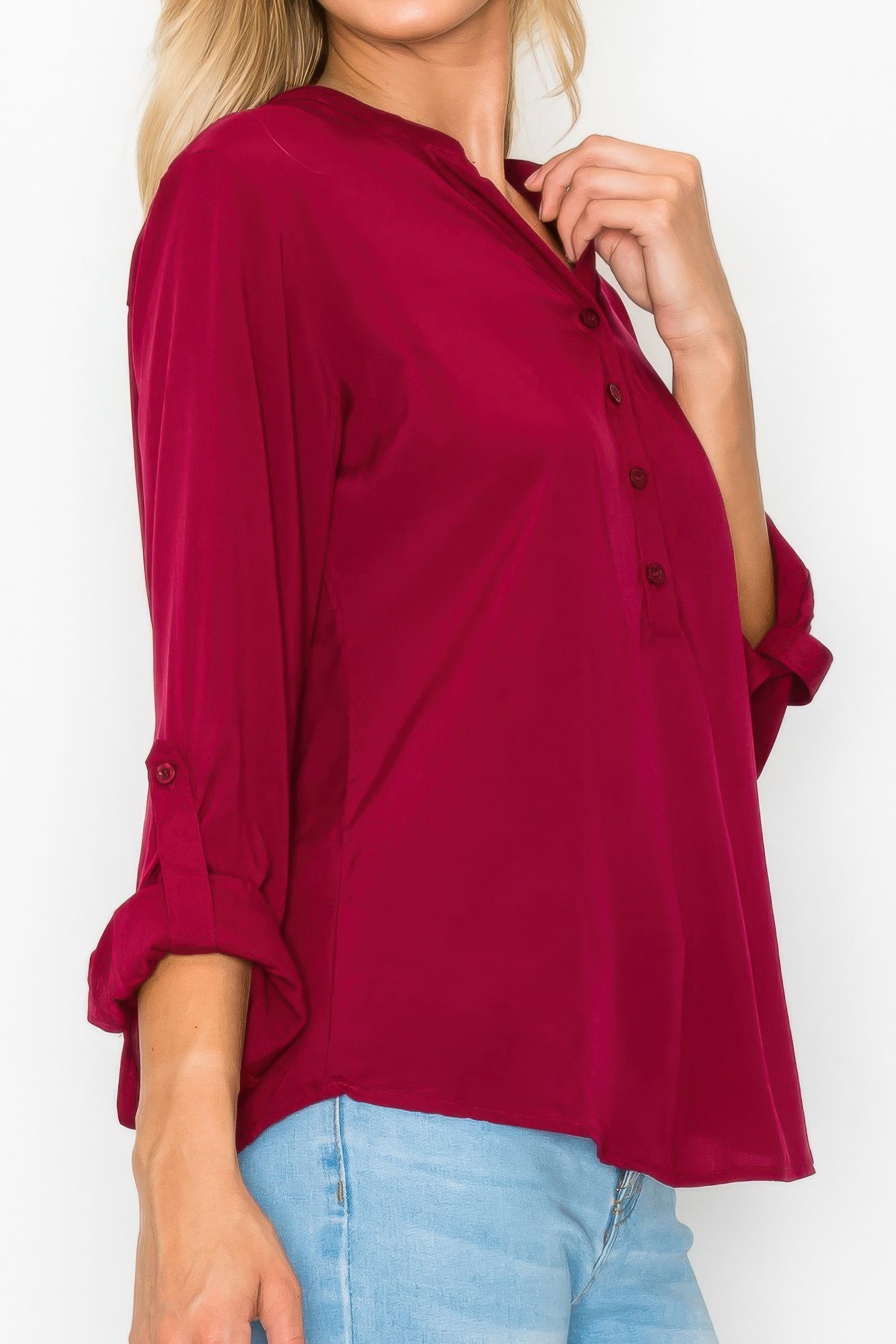 Button Detail Collar Woven Roll Up Sleeve Blouse      