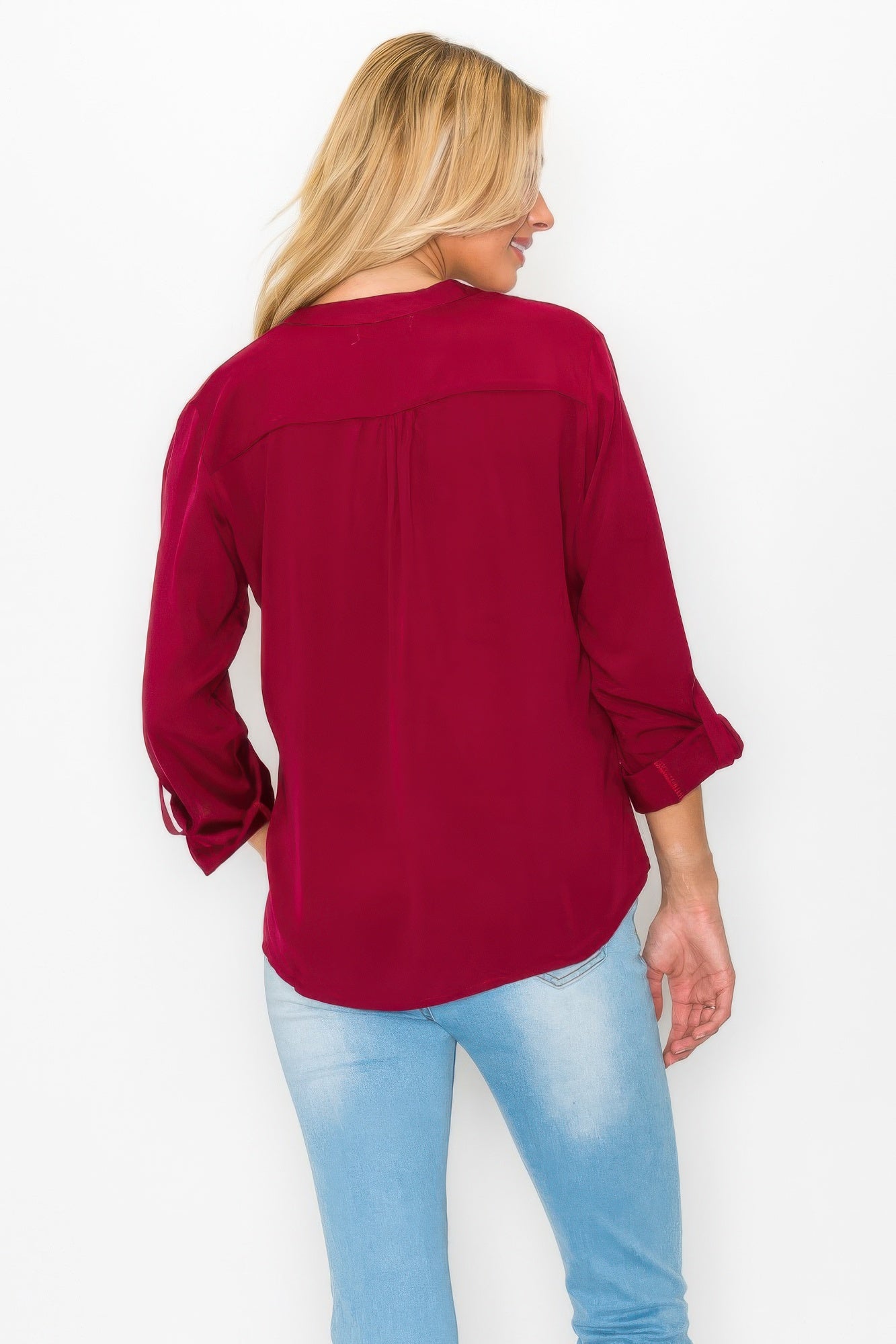 Button Detail Collar Woven Roll Up Sleeve Blouse      