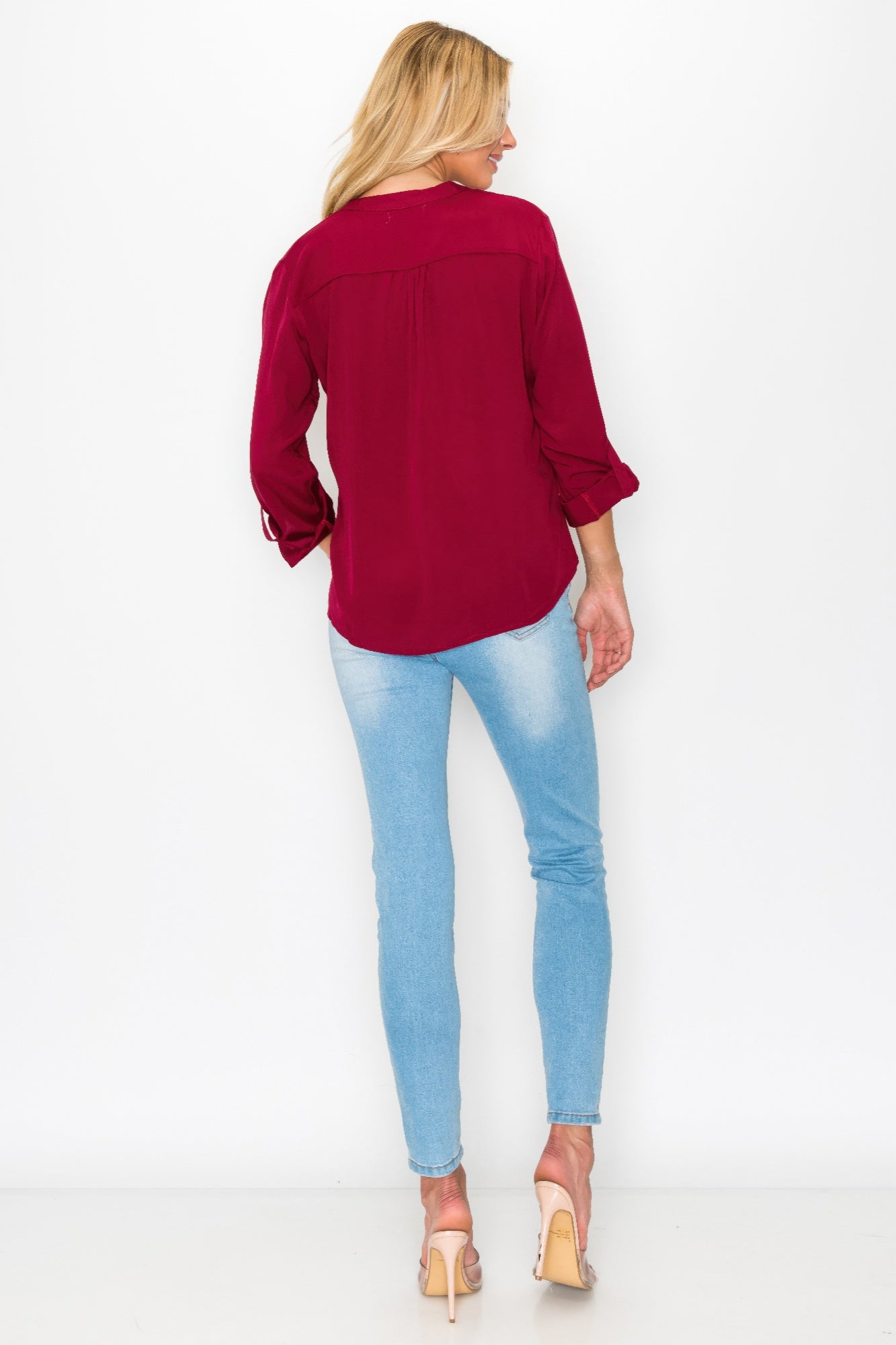 Button Detail Collar Woven Roll Up Sleeve Blouse      