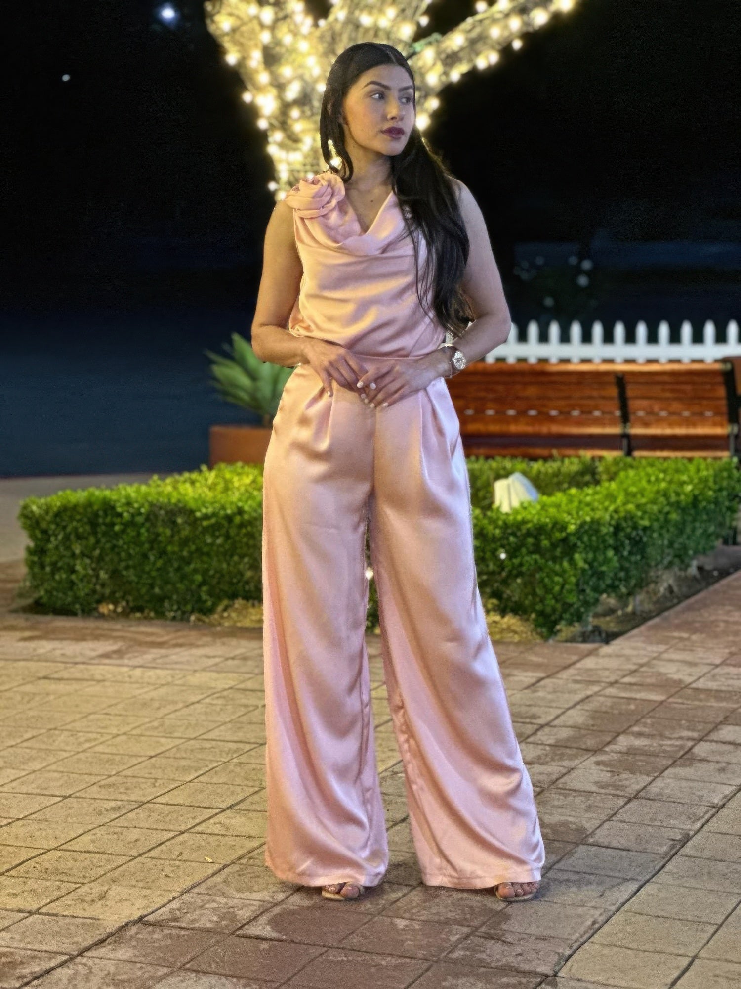 Satin Wide Leg Pants & Flower Sleeveless Top Set       