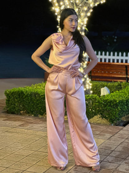 Satin Wide Leg Pants & Flower Sleeveless Top Set       