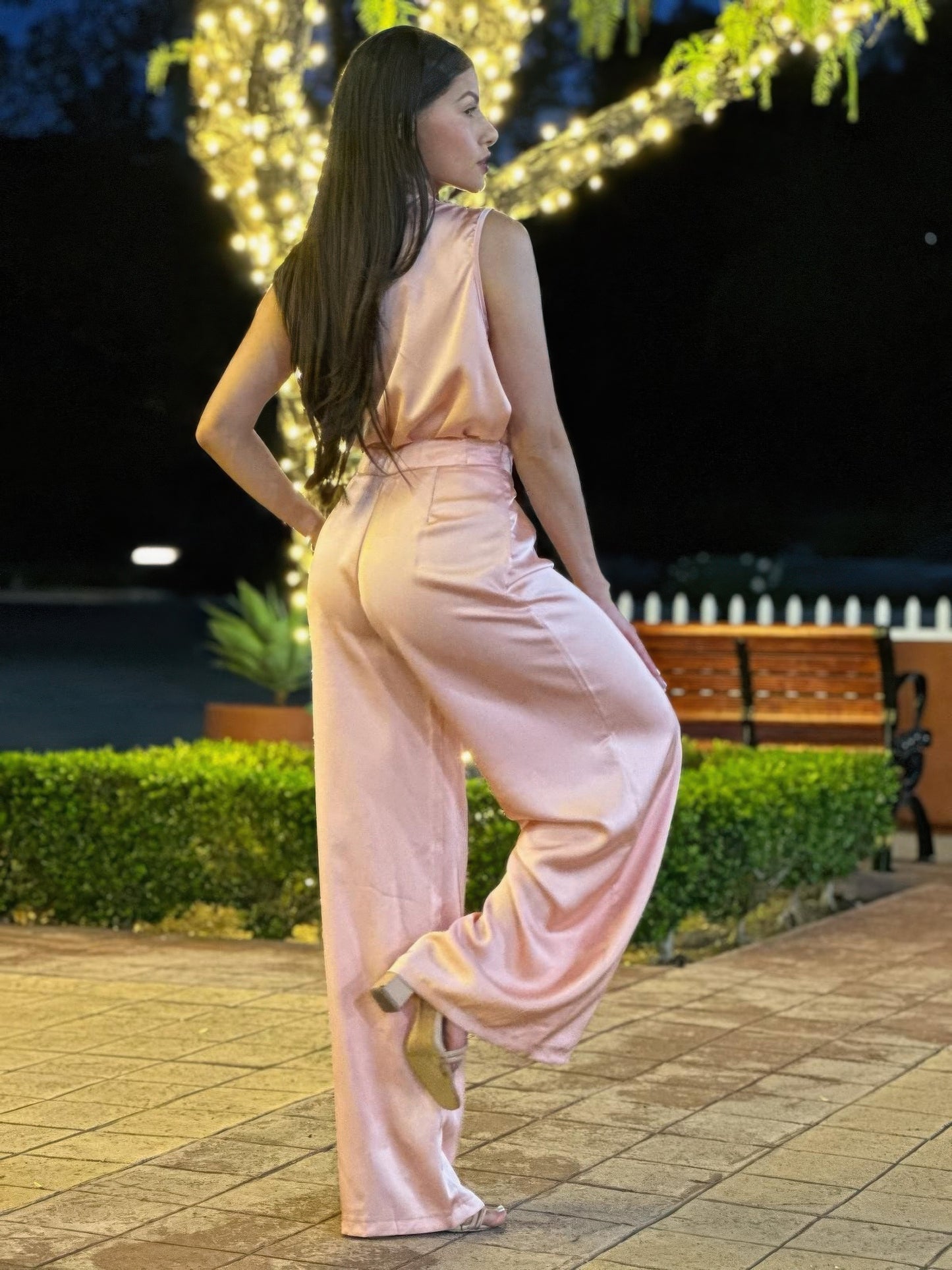 Satin Wide Leg Pants & Flower Sleeveless Top Set       