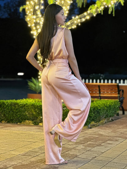 Satin Wide Leg Pants & Flower Sleeveless Top Set       
