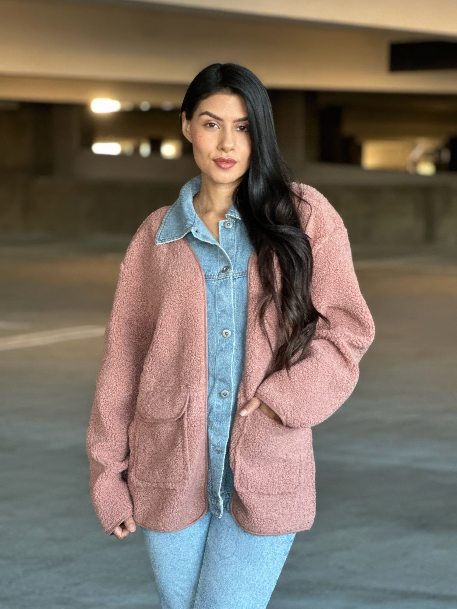 Teddy Fleece & Denim Jacket With Square Pockets    