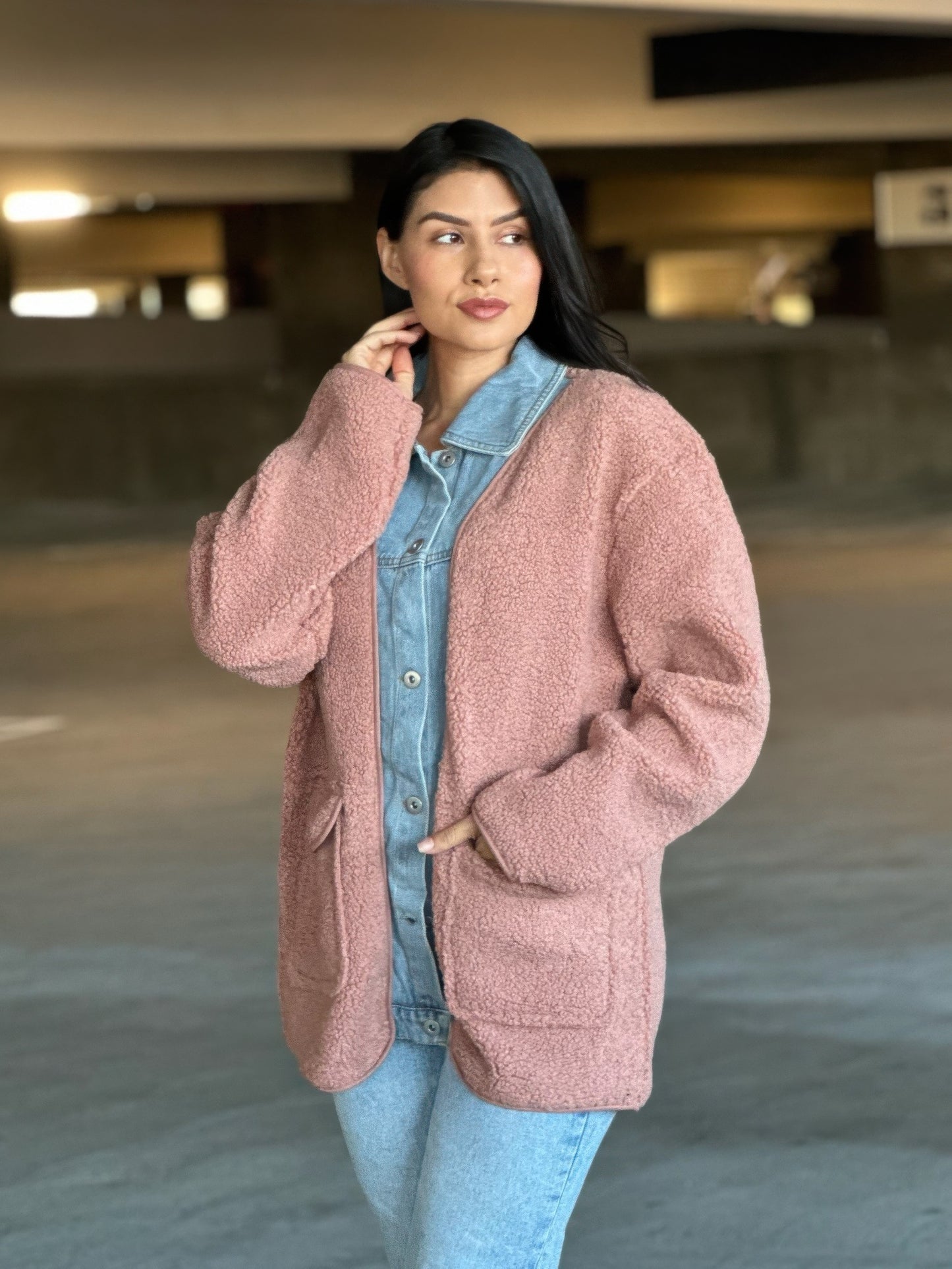 Teddy Fleece & Denim Jacket With Square Pockets    