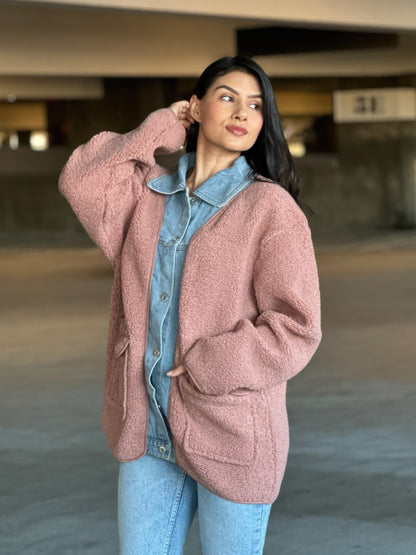 Teddy Fleece & Denim Jacket With Square Pockets    