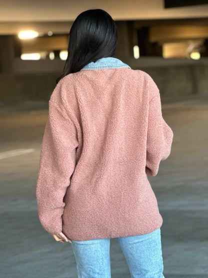 Teddy Fleece & Denim Jacket With Square Pockets    