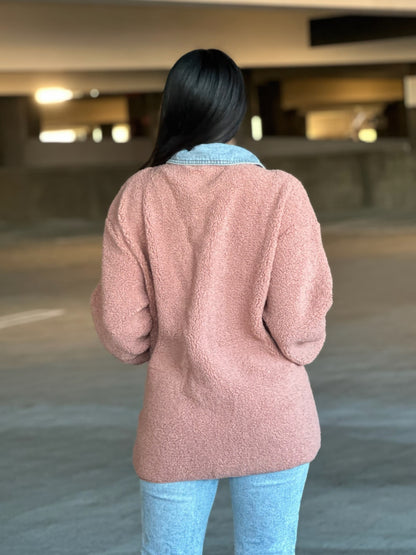 Teddy Fleece & Denim Jacket With Square Pockets    