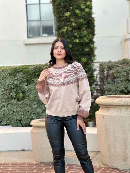 Neutral Color Block Knit Pull Out Sweater     