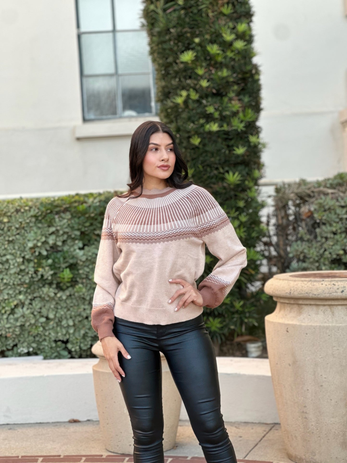 Neutral Color Block Knit Pull Out Sweater     