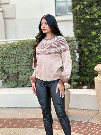 Neutral Color Block Knit Pull Out Sweater     