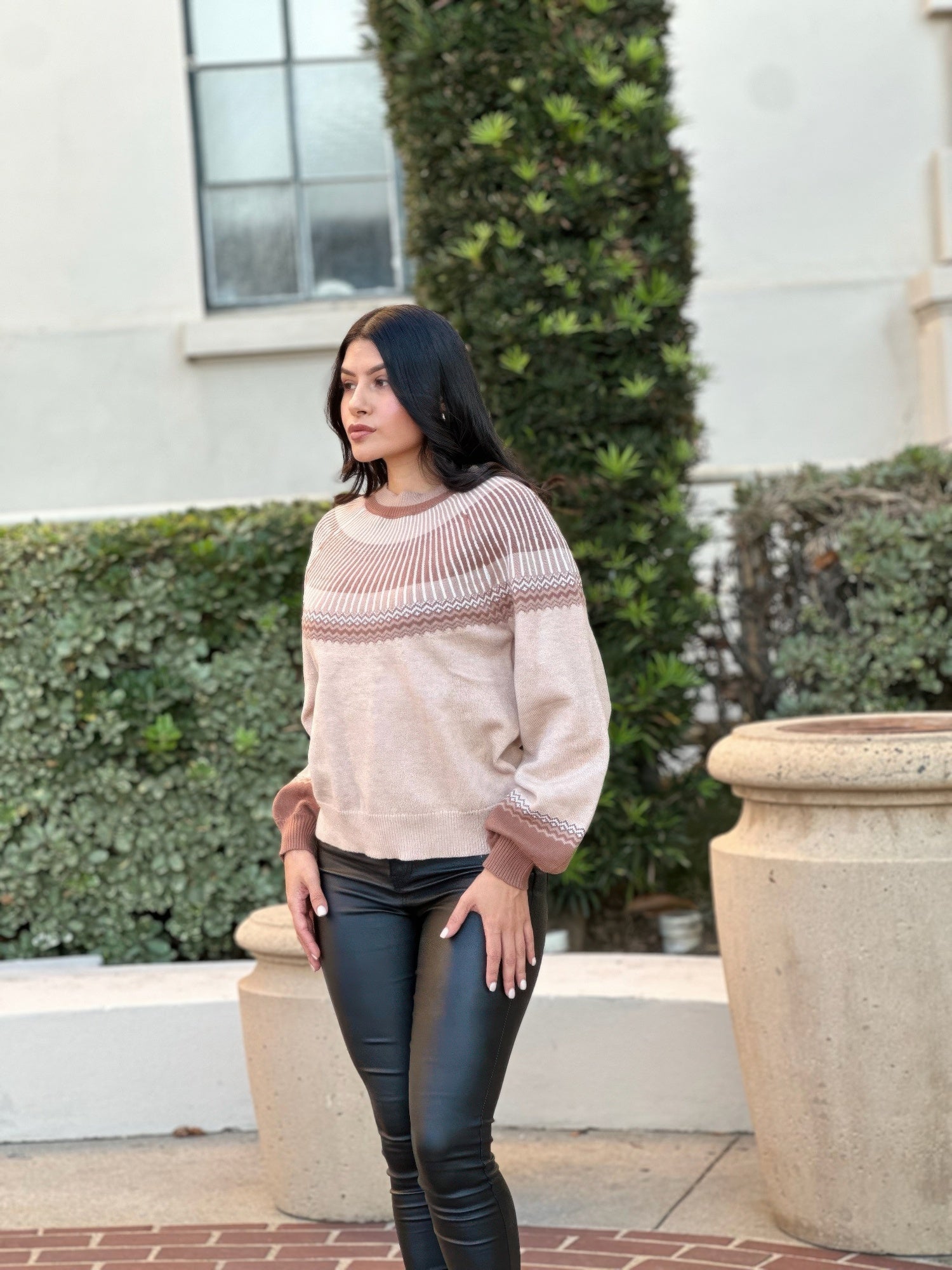 Neutral Color Block Knit Pull Out Sweater     