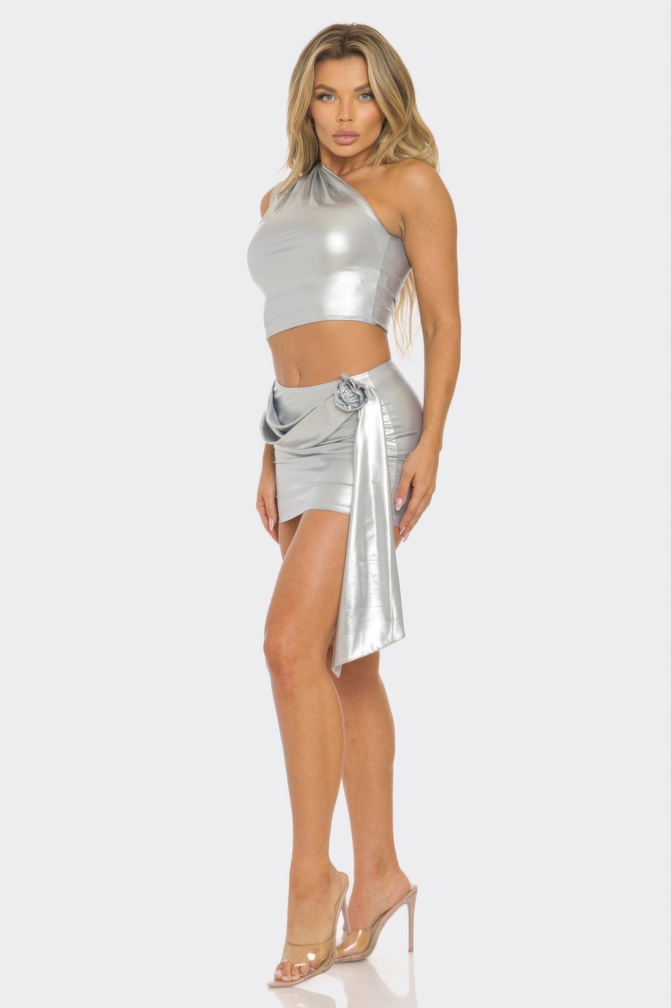 Metallic One Shoulder Crop Top Set    