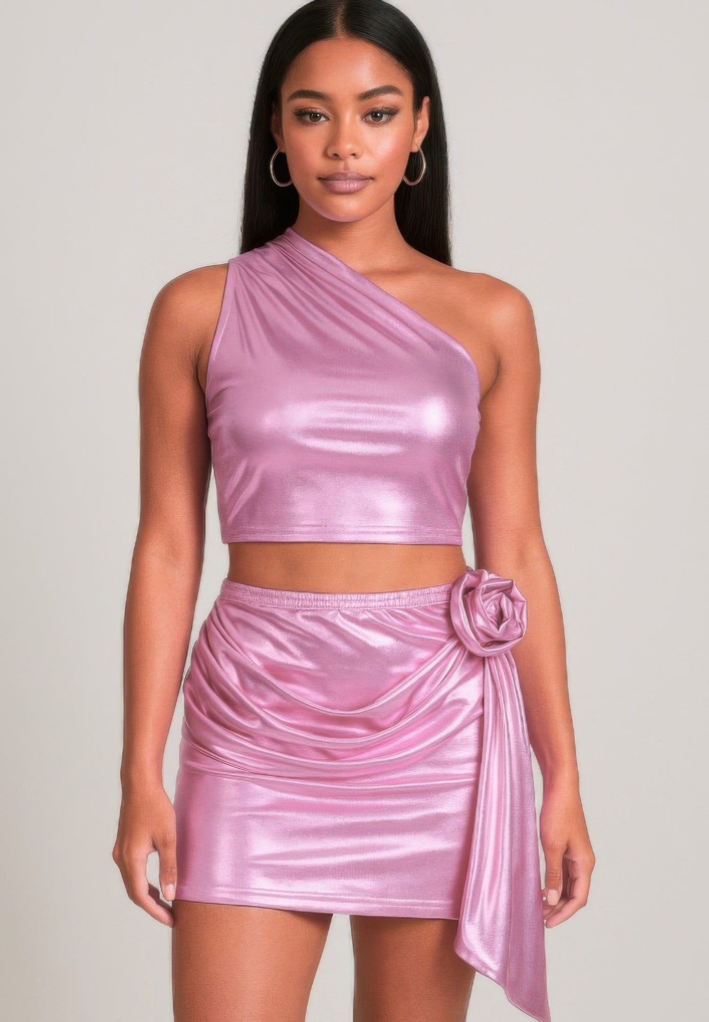 Metallic One Shoulder Crop Top Set    
