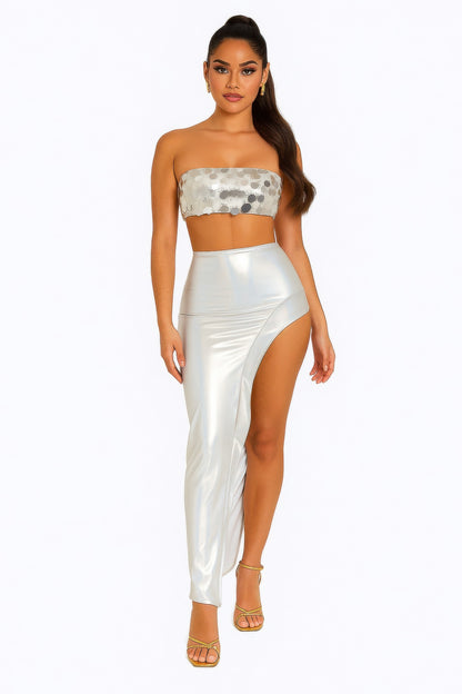 Metallic Sequin Crop Top & Skirt Set        