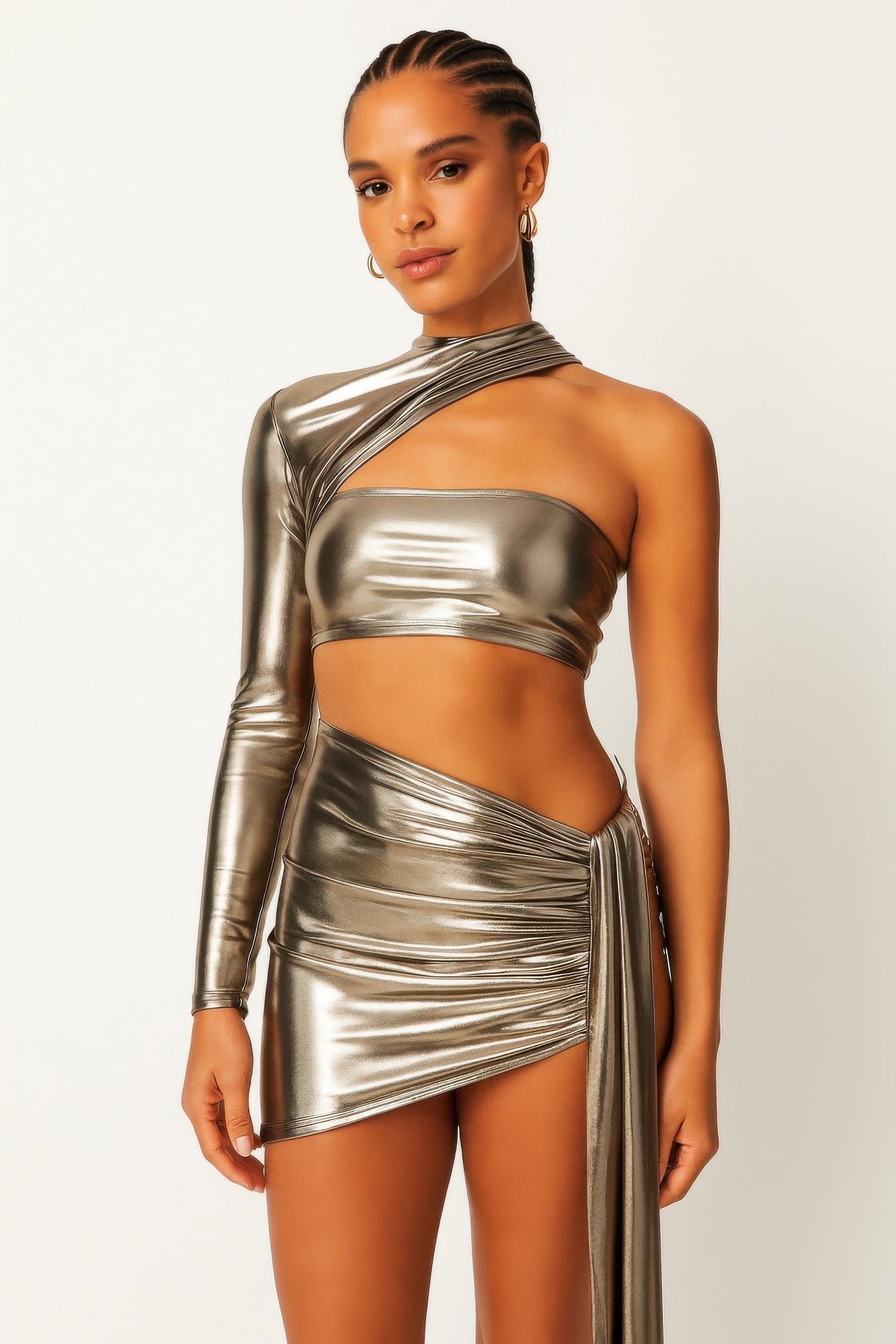 One Sleeve Metallic Top & Skirt Set        